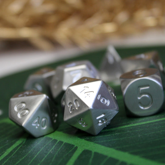 closup of the Stainless Steel Dice Set from Dice Dungeons