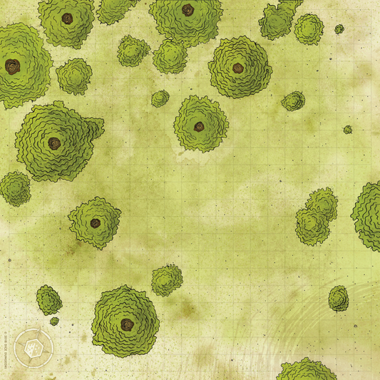 Overhead image of a cloth battle map depicting a forest