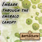 Overhead image of a forest battle map with overlaid text, "Embark through the emerald canopy"
