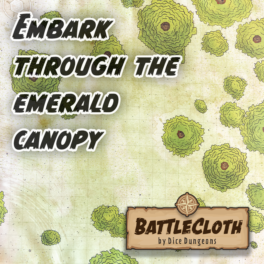 Overhead image of a forest battle map with overlaid text, "Embark through the emerald canopy"