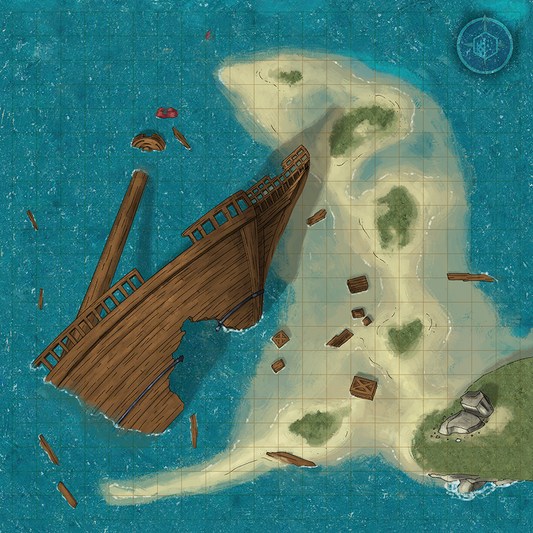 Overhead image of a battle map depicting a sunken ship by a sandbar.