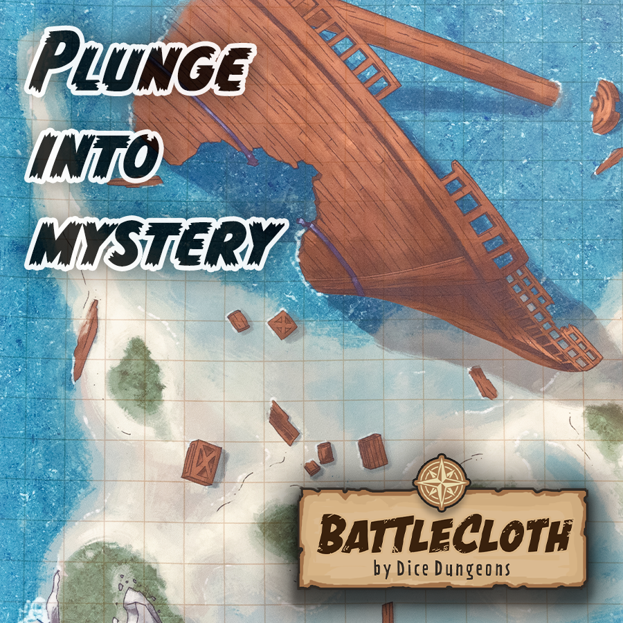 Image of a battle map of a sunken ship with overlaid text "Plunge into mystery"