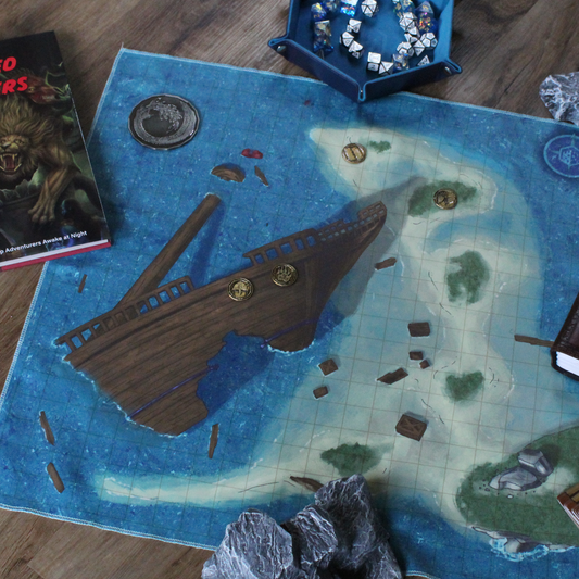 Photo of a battle map of a sunken ship with various metal tokens on it