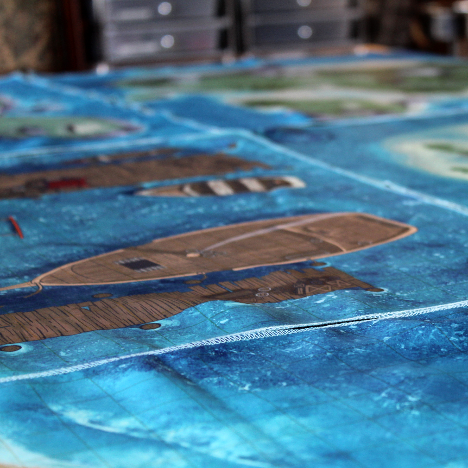 Close up view of a battle map depicting a series of docks