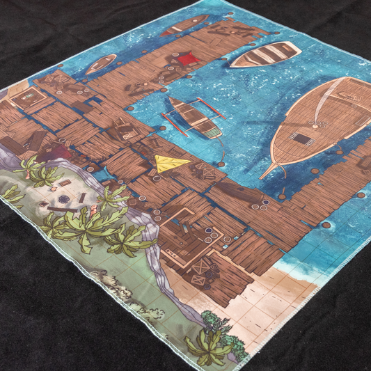 An isometric photo of a battle map depicting a series of docks