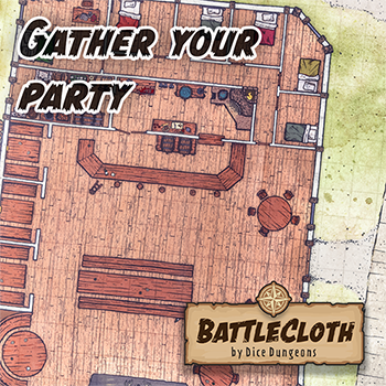 Overhead image of a tavern battle map with overlaid text "Gather your party"