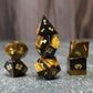 Stacked Tiger Eye dice set on a table, perfect for Dungeons & Dragons, with gold-inked numbers highlighting the stone’s elegant stripes.