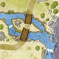 Overhead image of a cloth battle map depicting two bridges over top of a river