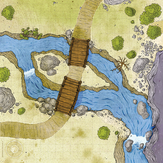 Overhead image of a cloth battle map depicting two bridges over top of a river
