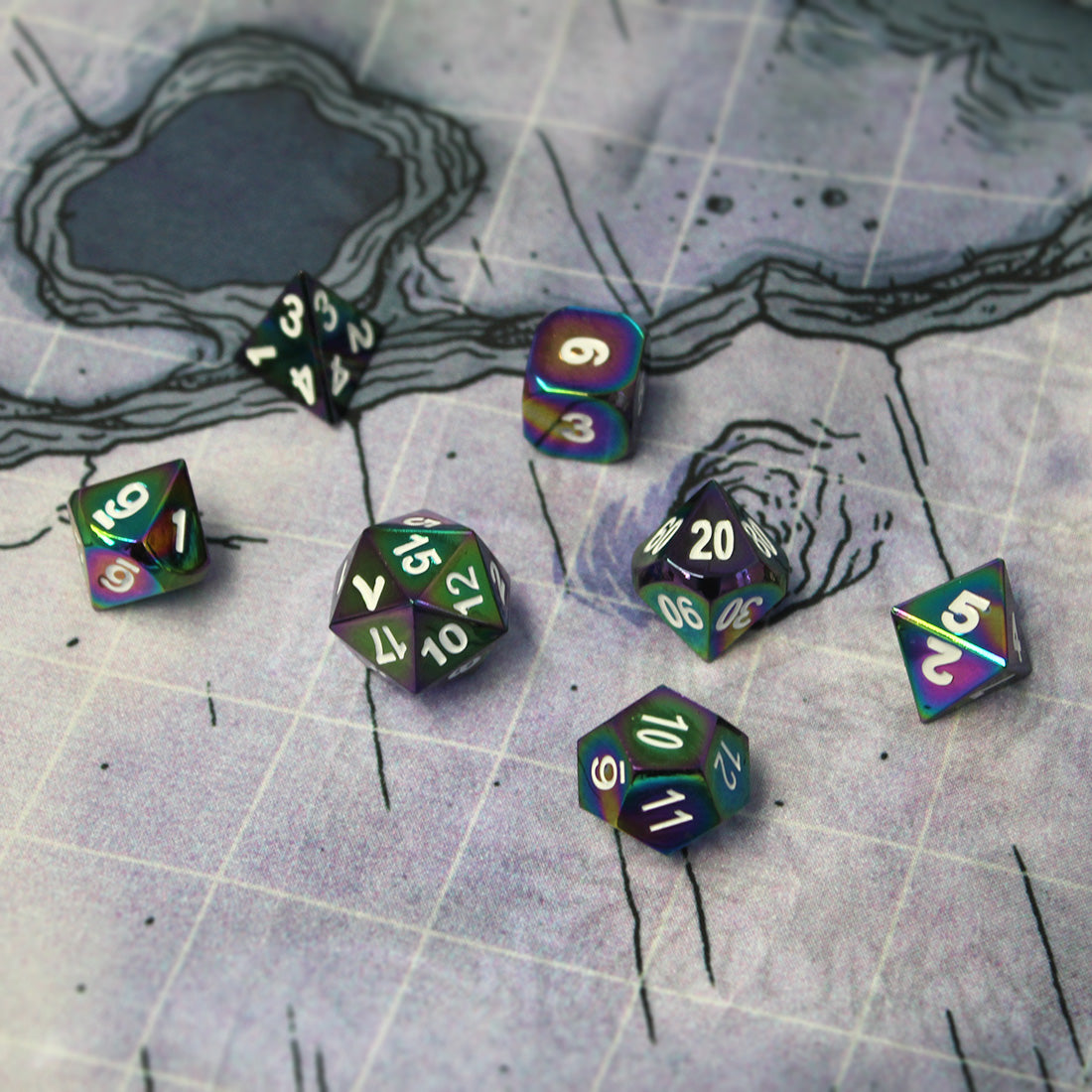 Oil style metal dice on 1" battlemap.