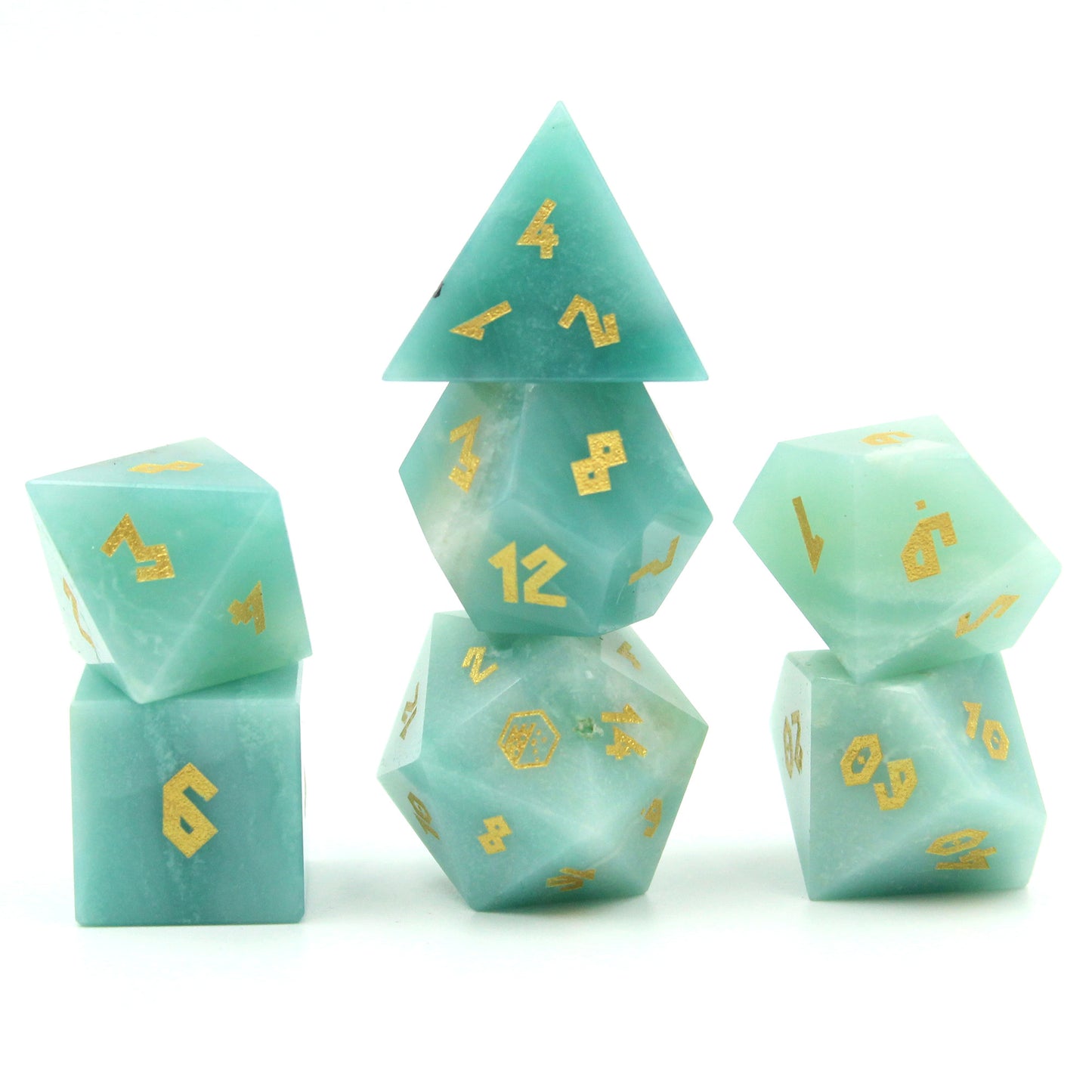 Full set of Amazonite gemstone dice neatly stacked, showcasing the beautiful green-blue hue of the stones.