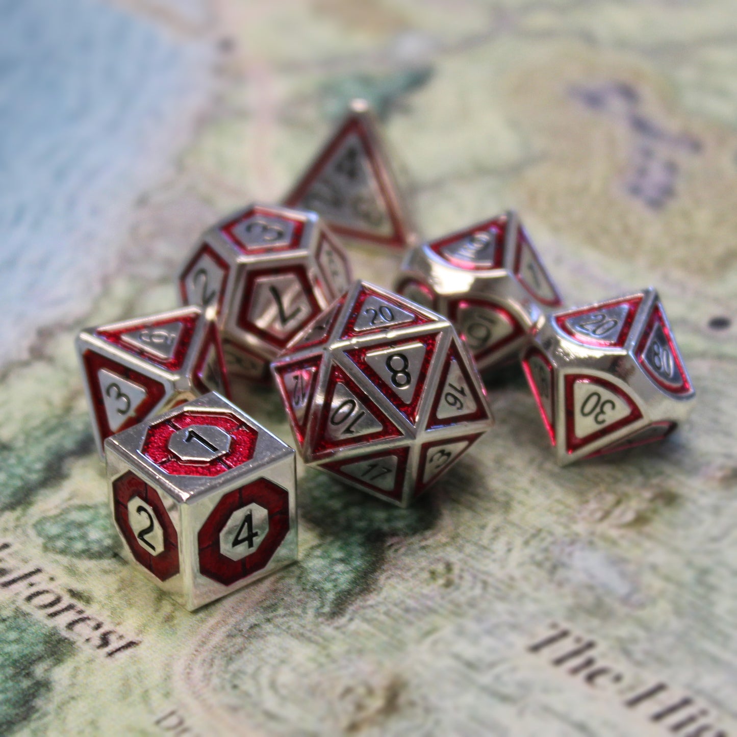 red gold metal dice set for dnd - great gift for fans of Dungeons and Dragons, Critical Role, or any d20 rpg