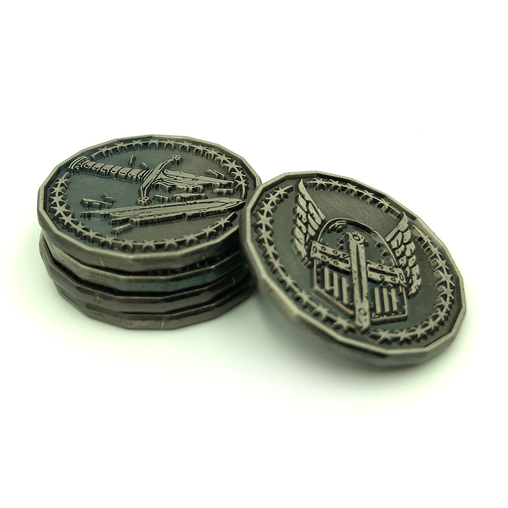 A stack of 5 Paladin Character Coins arranged on a white surface with a front facing token leaning on the stack and the back face visible on top of the stack. For use with D&D and other tabletop games.