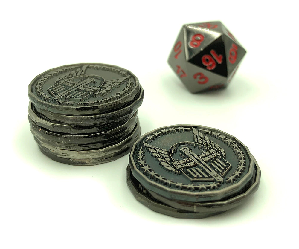 Antique silver finish Paladin Character Coins arranged in stacks with a d20 in the background.  Both stacks have the front face of a helmet displayed.