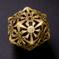 Closeup of a single bronze cleric inspired hollow metal twenty sided die with a mace in place of the high number on a black background