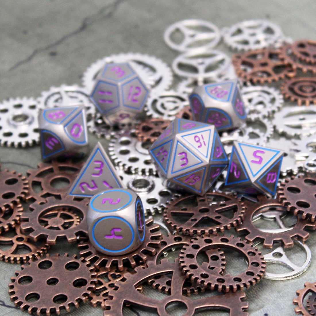 Metal Digital Blue & Purple Dice Set on Gears