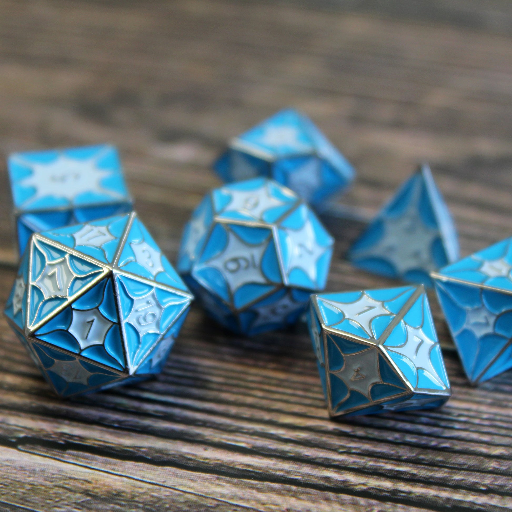 Dice set inspired by blue dragon scales.
