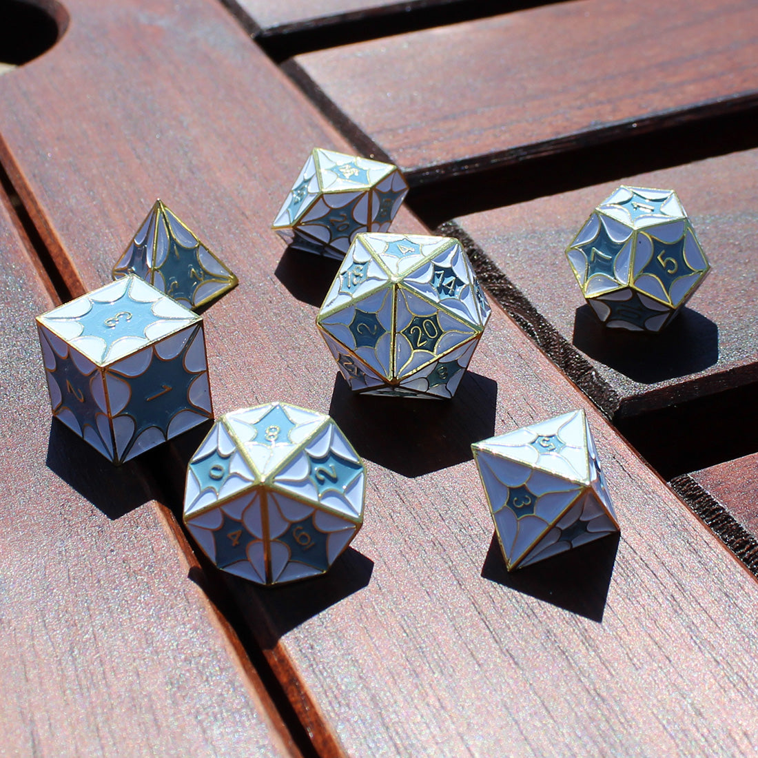 White Dragon Scaled Dice in Sunlight