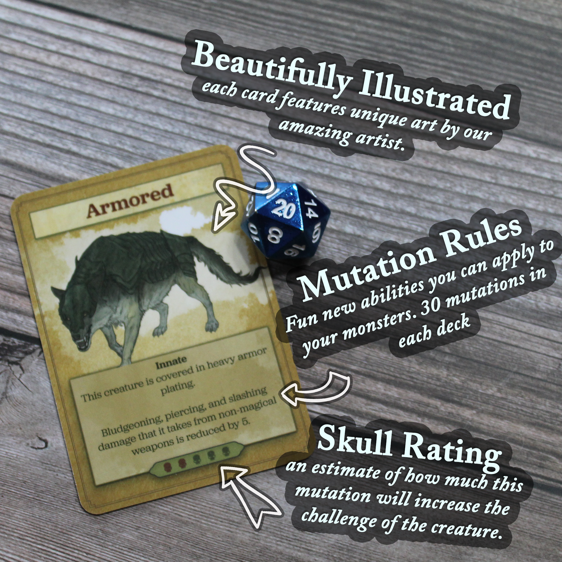 A card from the deck on the left with notes about the illustration, mutation rules, and skull rating on the right, on a white wood paneled background