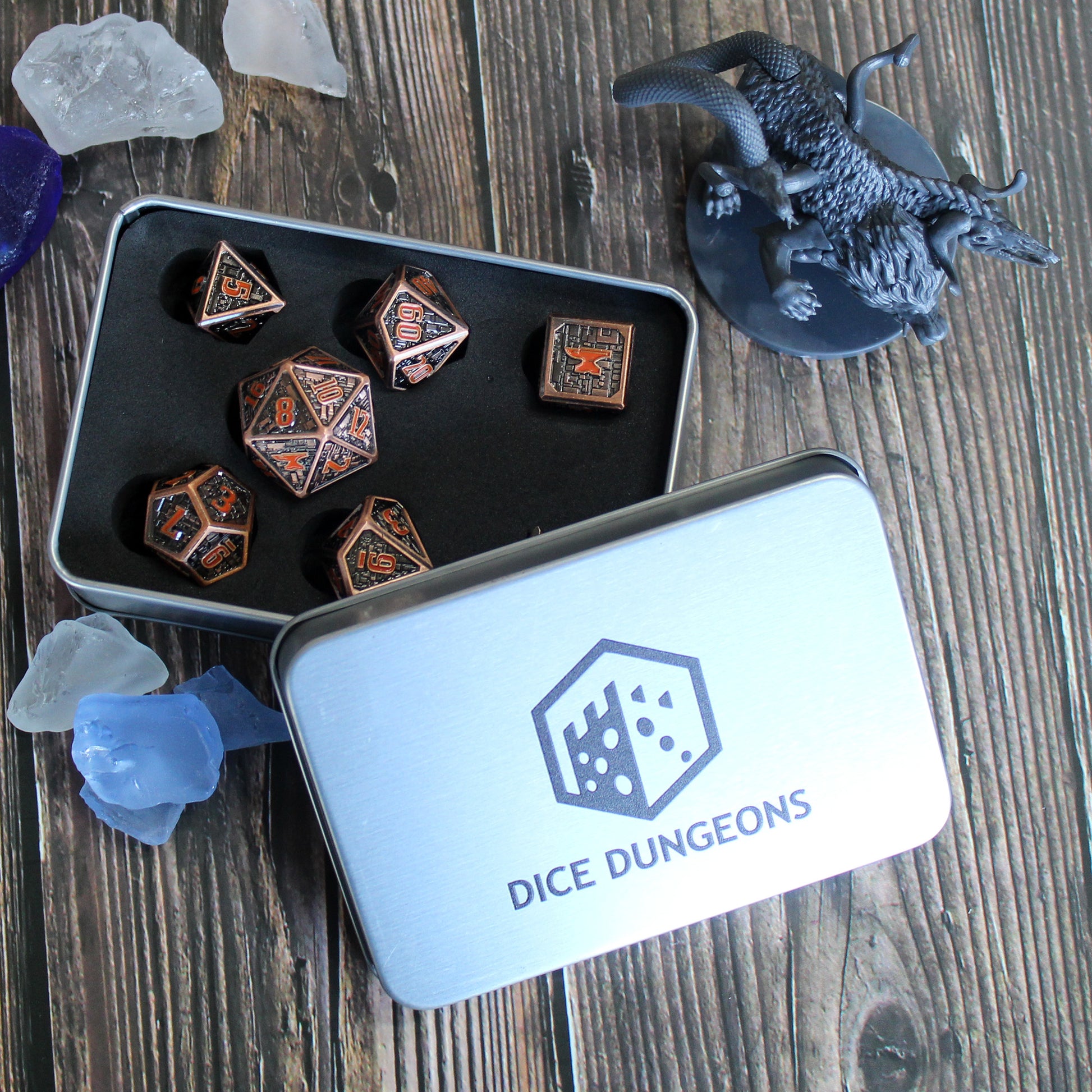 Dice set for Foundry VTT in a tin dice box from Dice Dungeons.