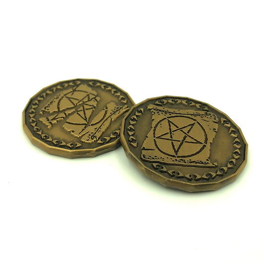 Golden Warlock Character Tokens, Heads and Tails sides showing on white background