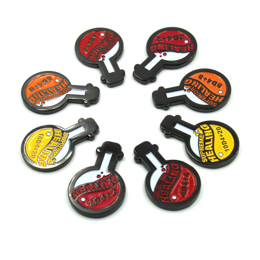 Healing Potion Bundle arranged in a circle, featuring 8 double-sided metal tokens with enamel insets for tracking healing potions in D&D.