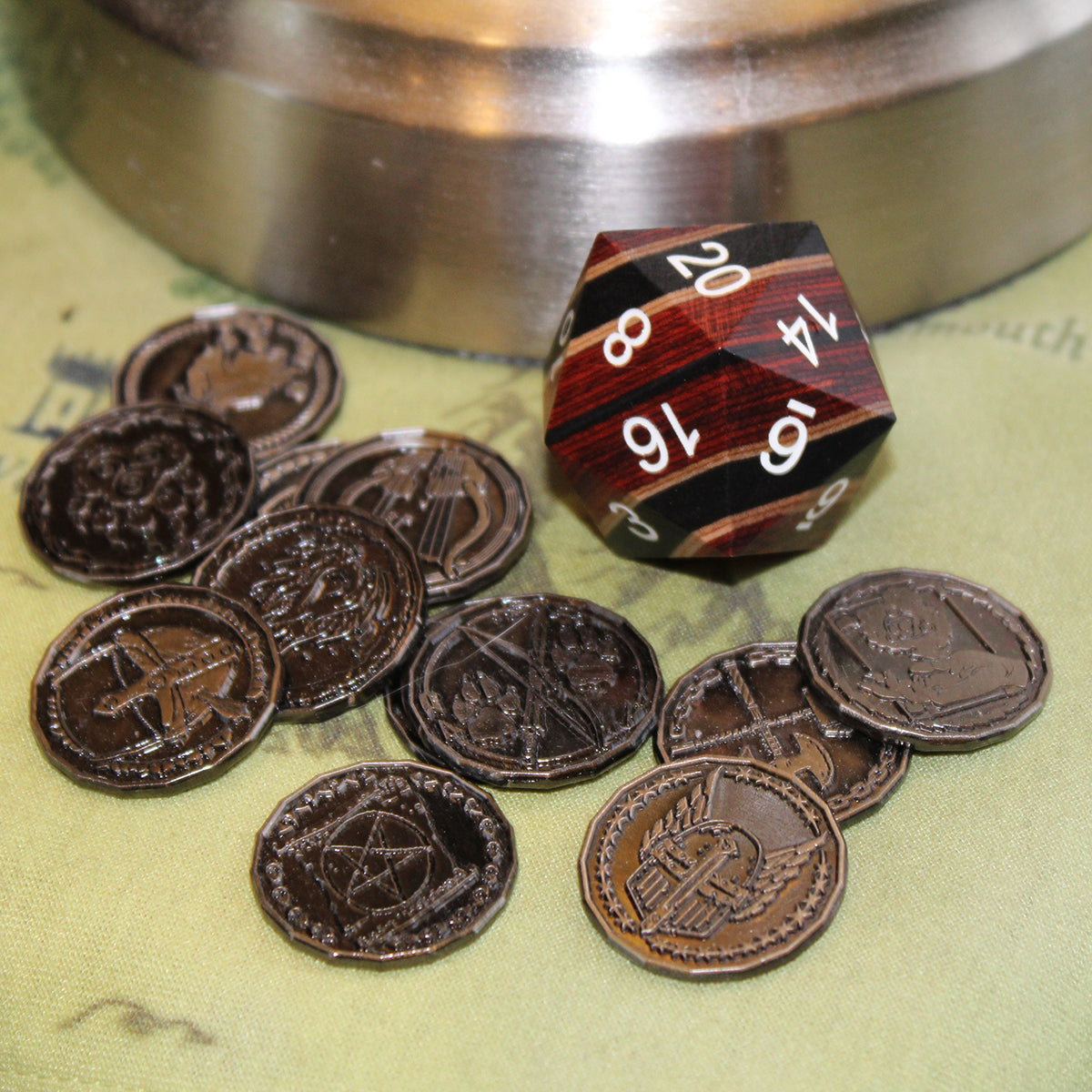 Stripped Technical Wood d20 with Character Coins