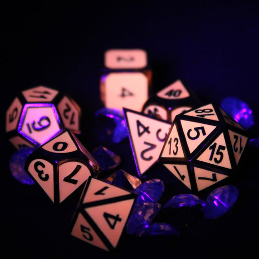 Metal Imperial Glow in the Dark Pink Dice Set with Display Box