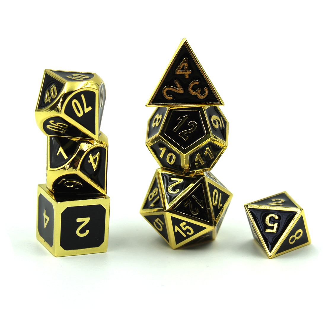 black and gold metal dice for dnd. Stacked.