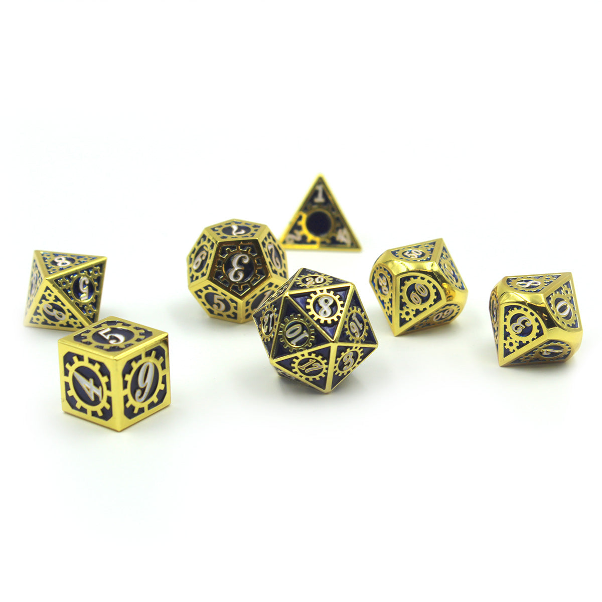 Metal Mechanist Blue & Gold Dice Set on a white background and surface with the cog detailing visible for each die.