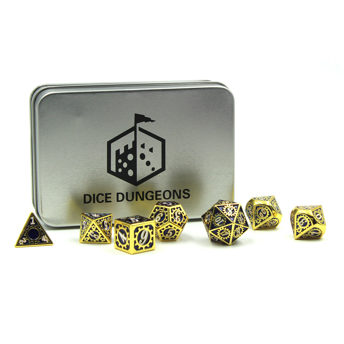 Metal Tinkerer Blue & Gold Dice Set with Deluxe Box.  Each die features raised areas with an electroplated gold and insets of UV hardened enamel. Numerals are white in color and the background is a deep blue.