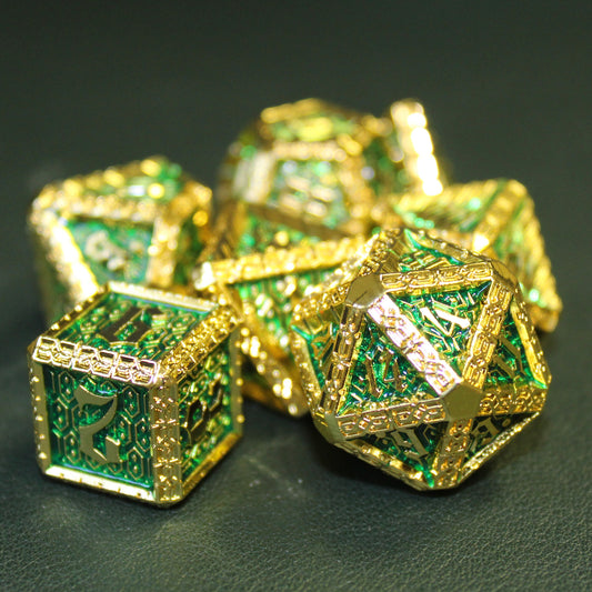 Cavalier Gold and Green dice set on a dark green surface with the d6 and d20 in focus in the foreground.