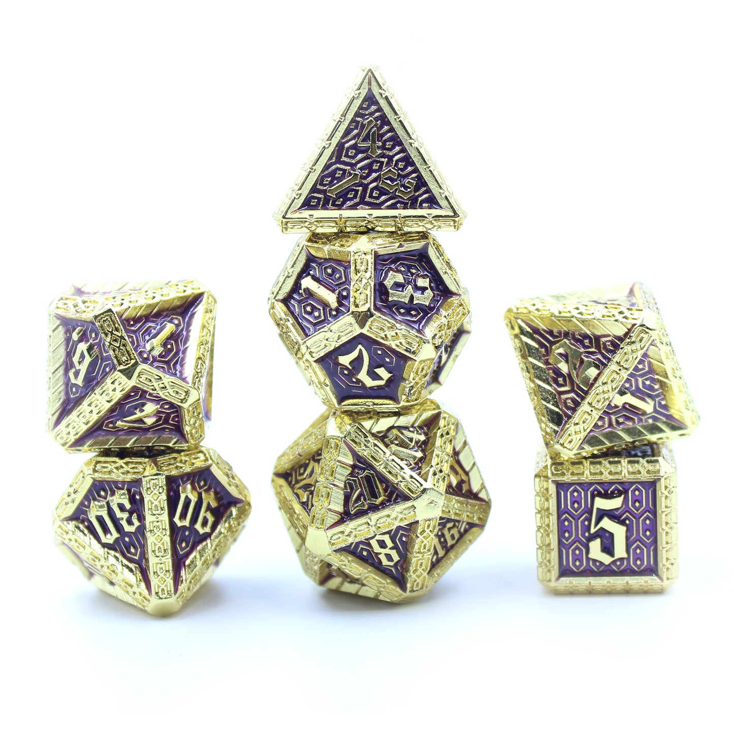 Metal Cavalier Gold & Purple Dice Set with Display Box