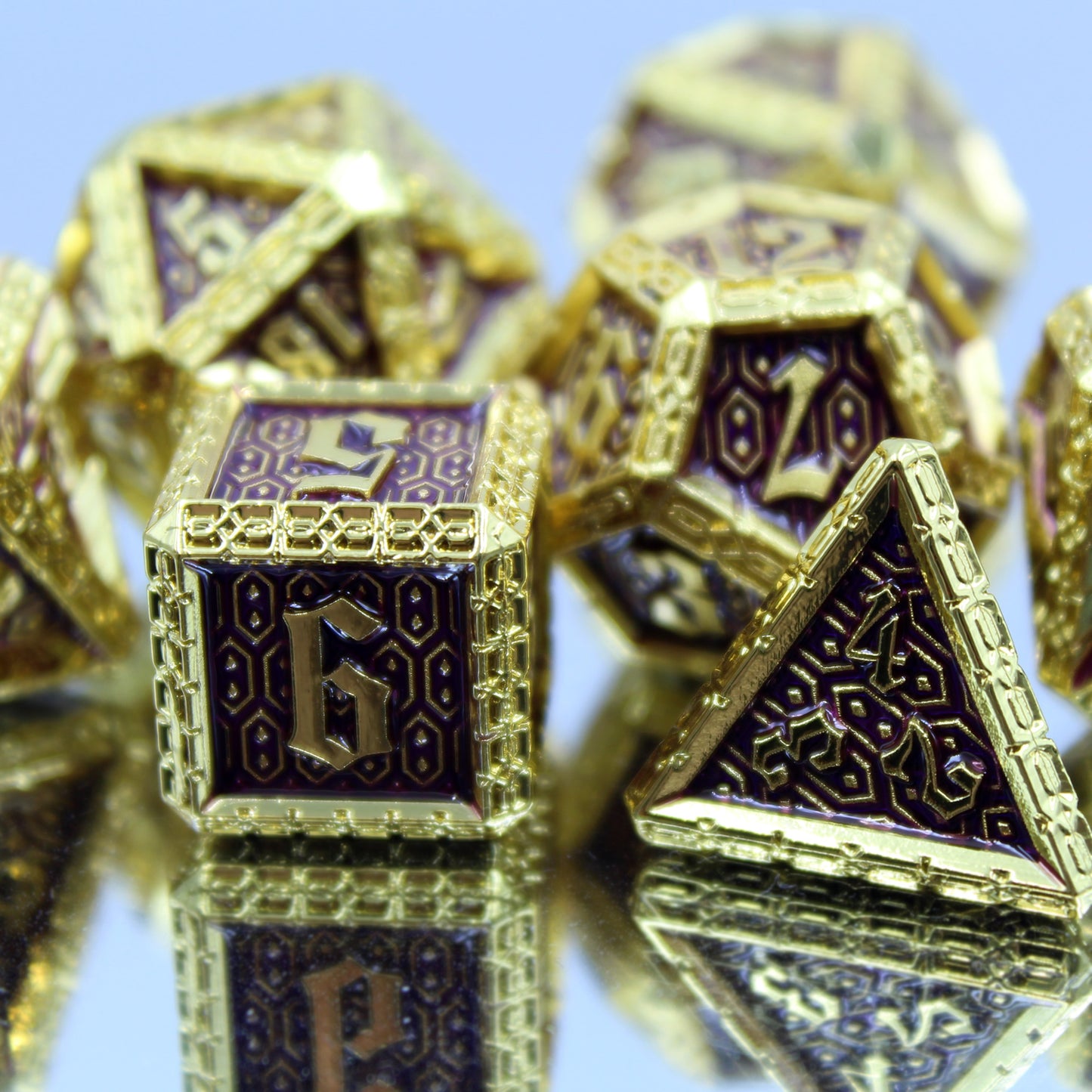 Metal Cavalier Gold & Purple Dice Set with Display Box