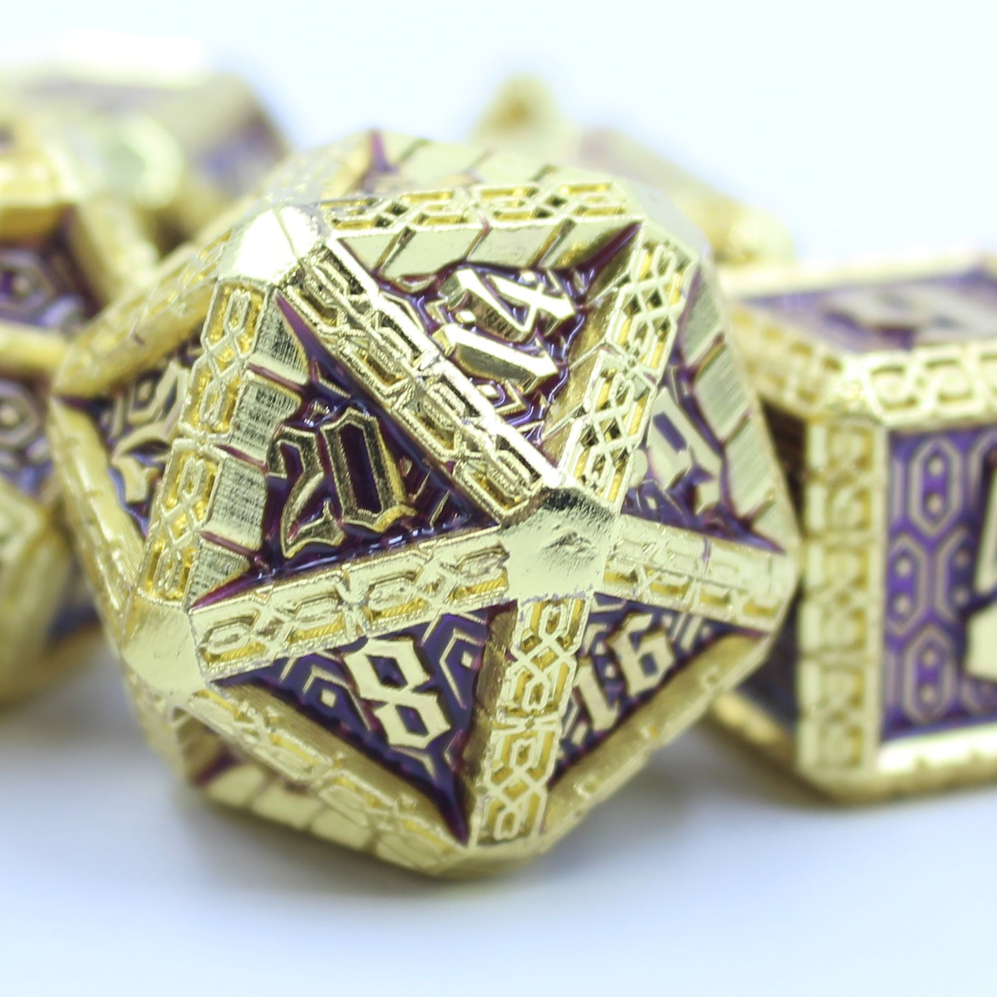 Metal Cavalier Gold & Purple Dice Set with Display Box