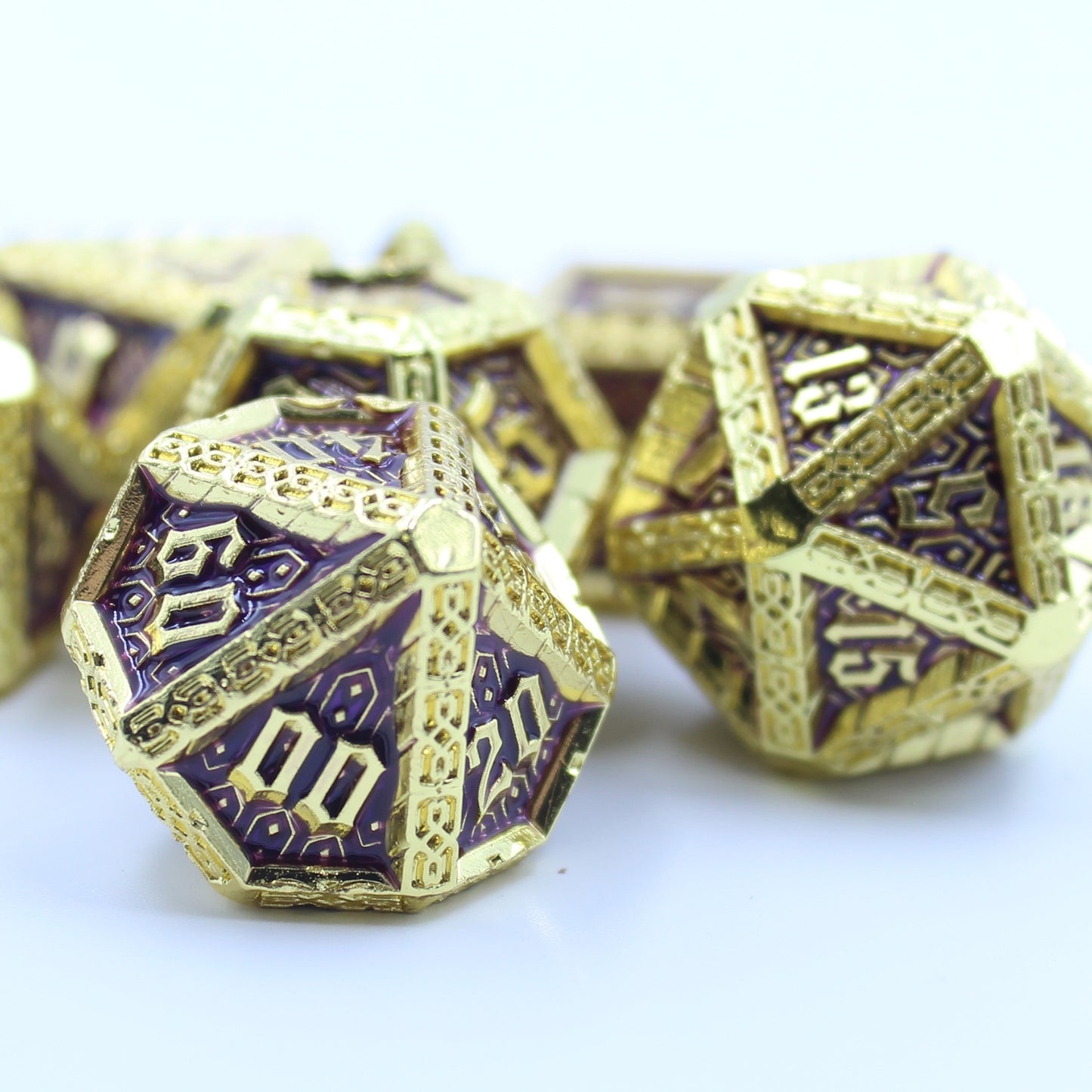 Metal Cavalier Gold & Purple Dice Set with Display Box