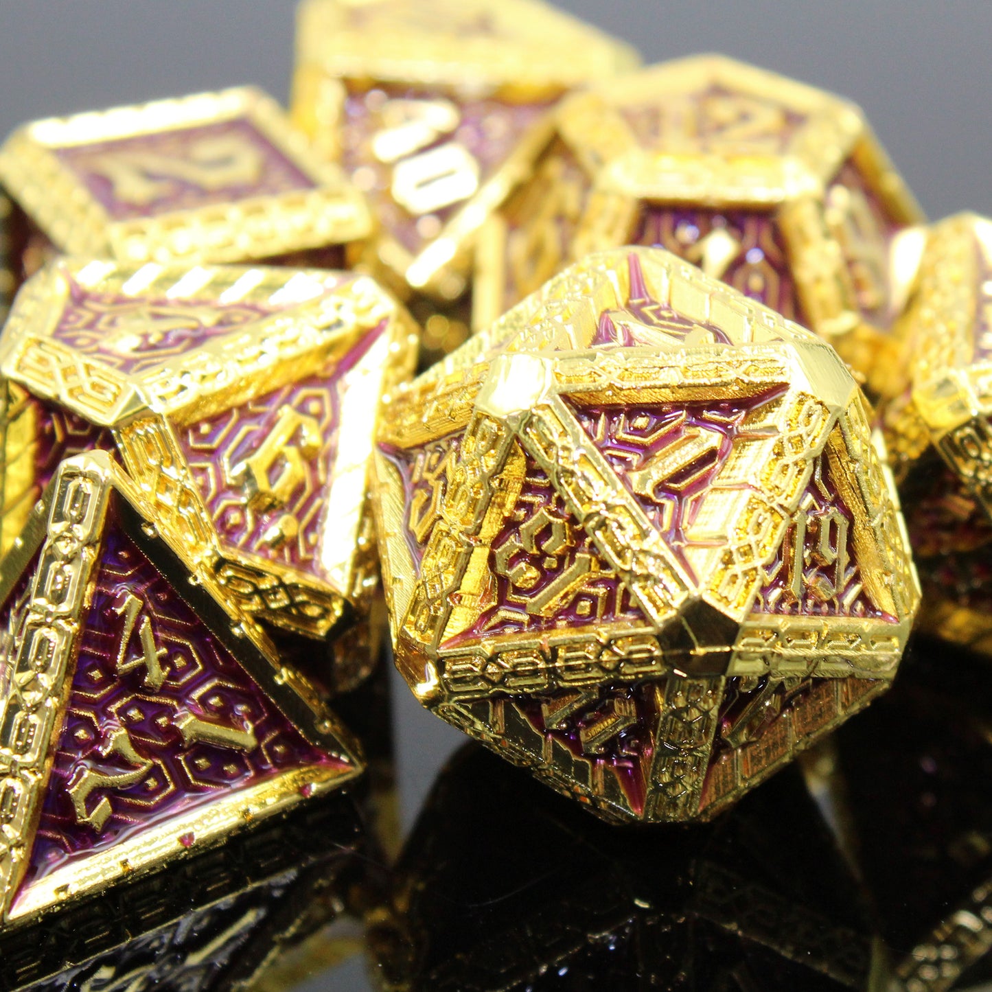 Metal Cavalier Gold & Purple Dice Set with Display Box