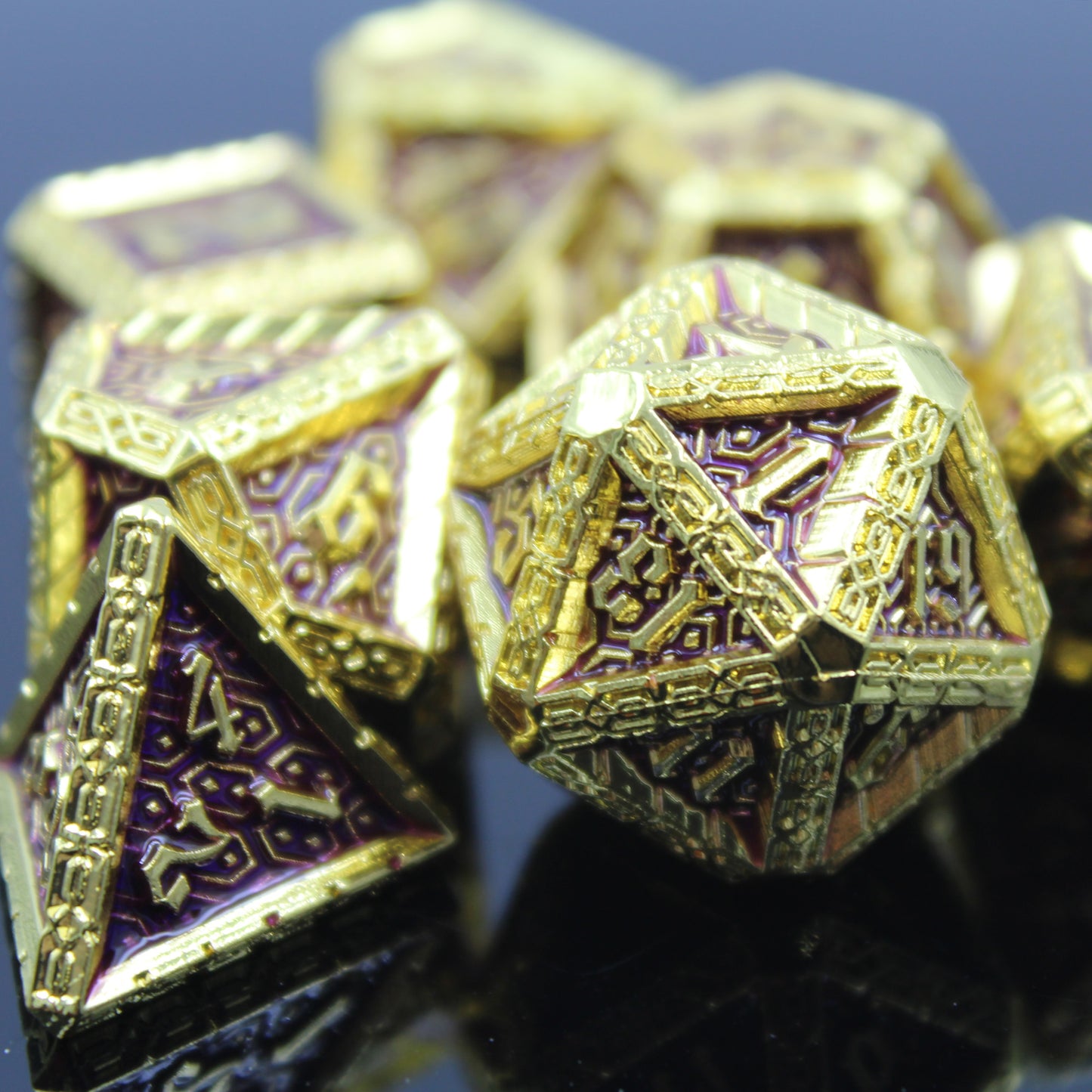 Metal Cavalier Gold & Purple Dice Set with Display Box