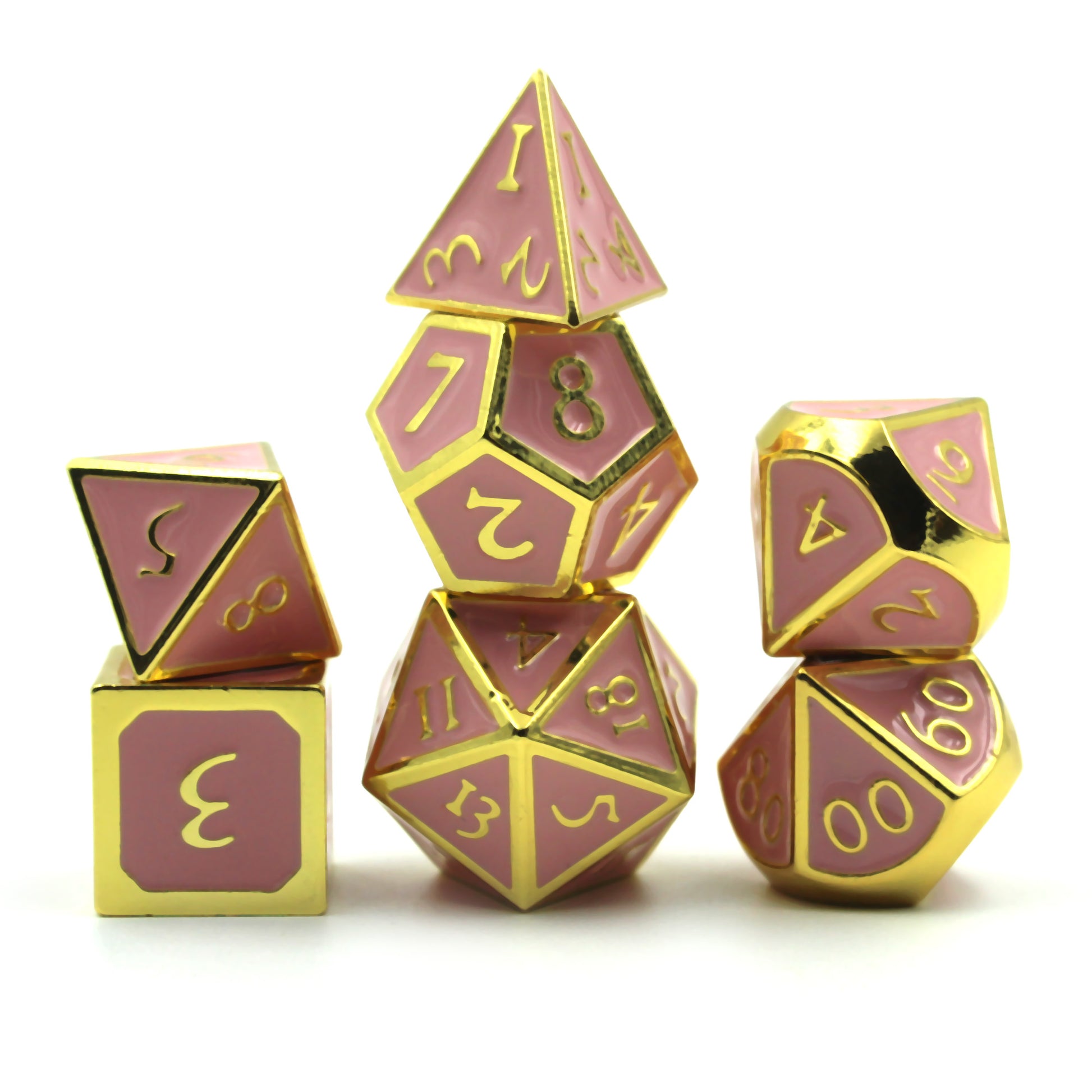 Metal Imperial Pink dice set arranged in 3 columns on a white background and surface.