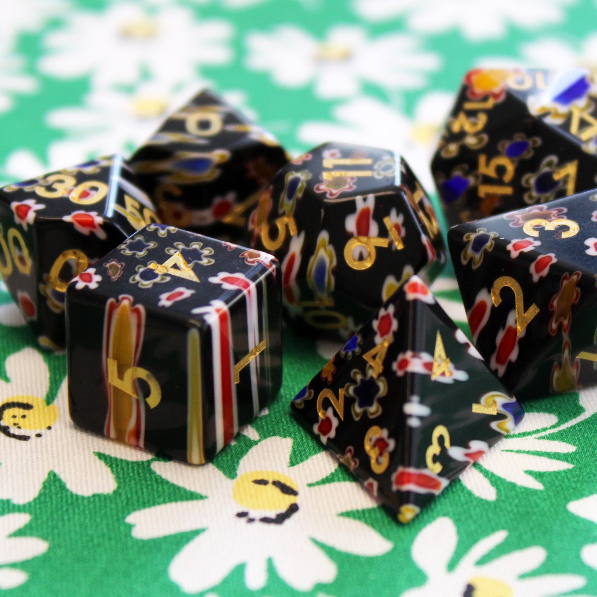 Millefiori Glass Dice Set - Black base with flowers of bright color