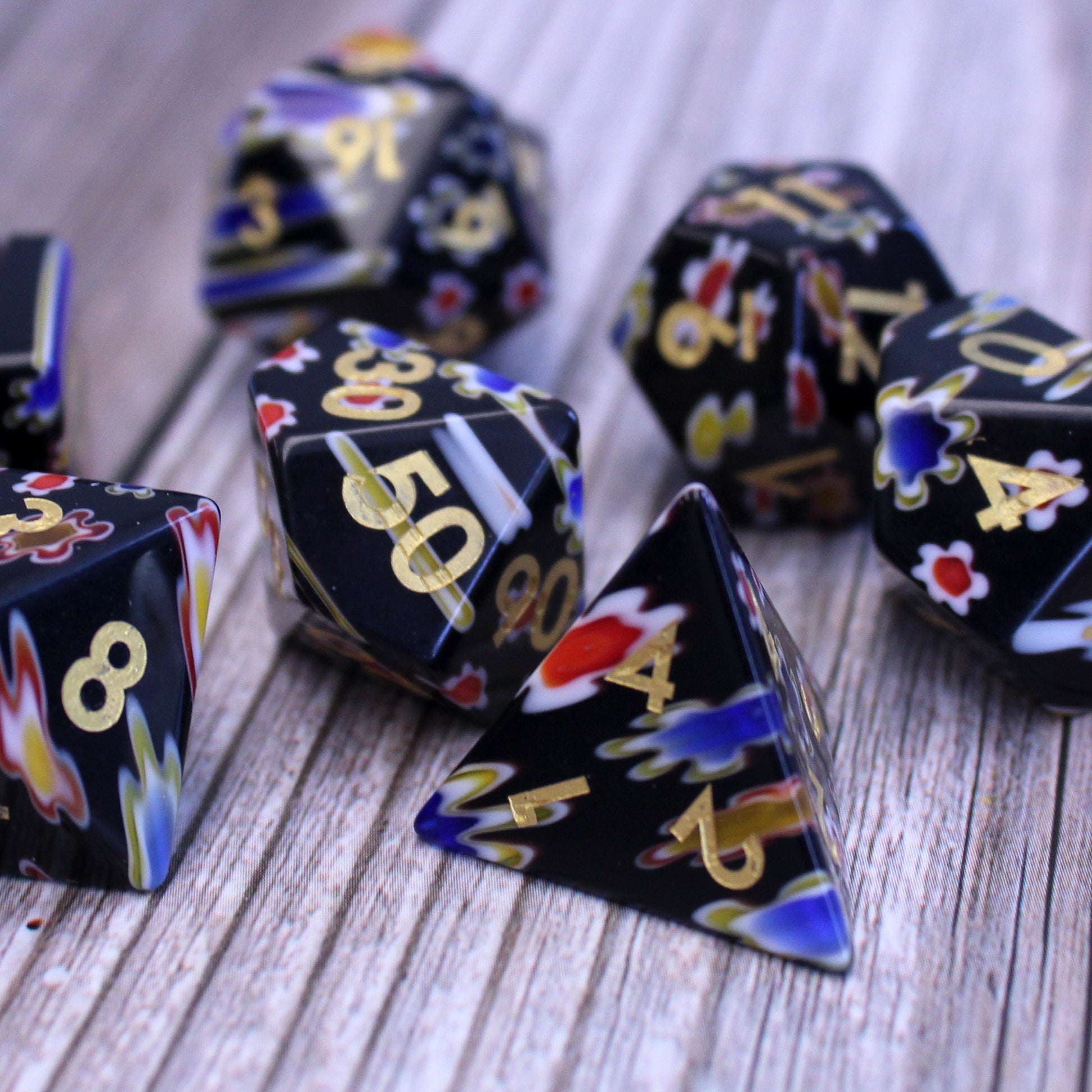 Millefiori Glass Dice Set - Closeup