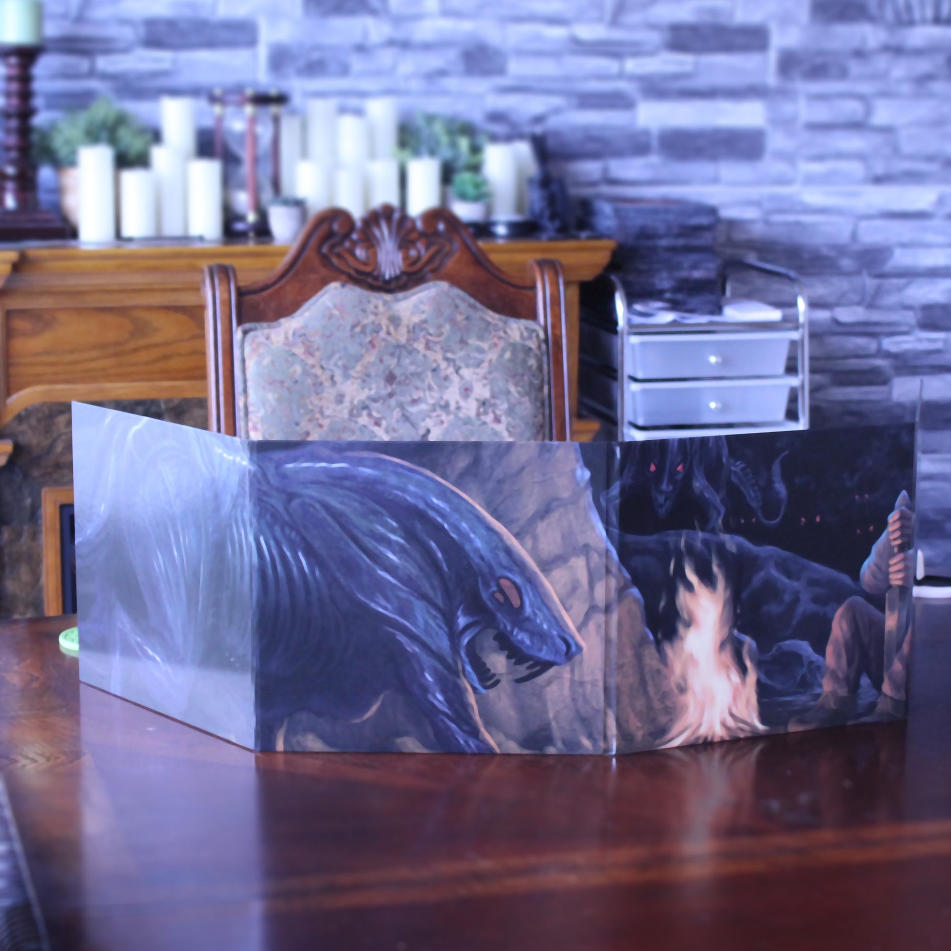 Front view of the Mutated Monsters GM Screen at a DnD table, featuring fantastic art from the Mutated Monsters book.