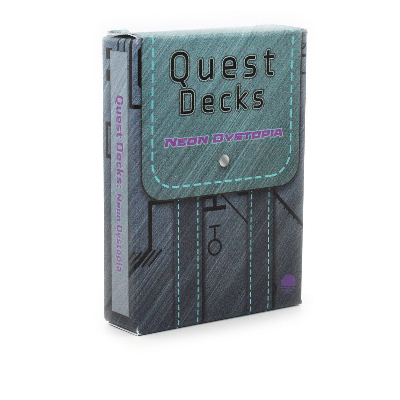 Quest Decks: Neon Dystopia deck box on a white surface and background. The expansion symbol for the deck on the bottom right of the box is a setting sun with scanlines.