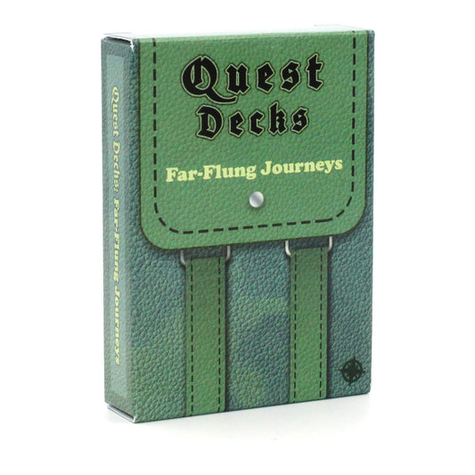 Picture of the Far-Flung Journeys Quest Decks tuck box on a white surface and background.  The backpack design of the box is depicted as a greenish-blue leather with the set expansion symbol of a compass rose on the bottom right corner of the box.