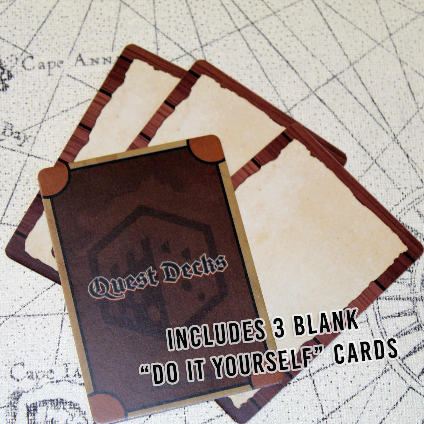 A picture of the 3 blank cards present in the deck for use as DIY prompts with that may be used to add your own prompts to the deck.