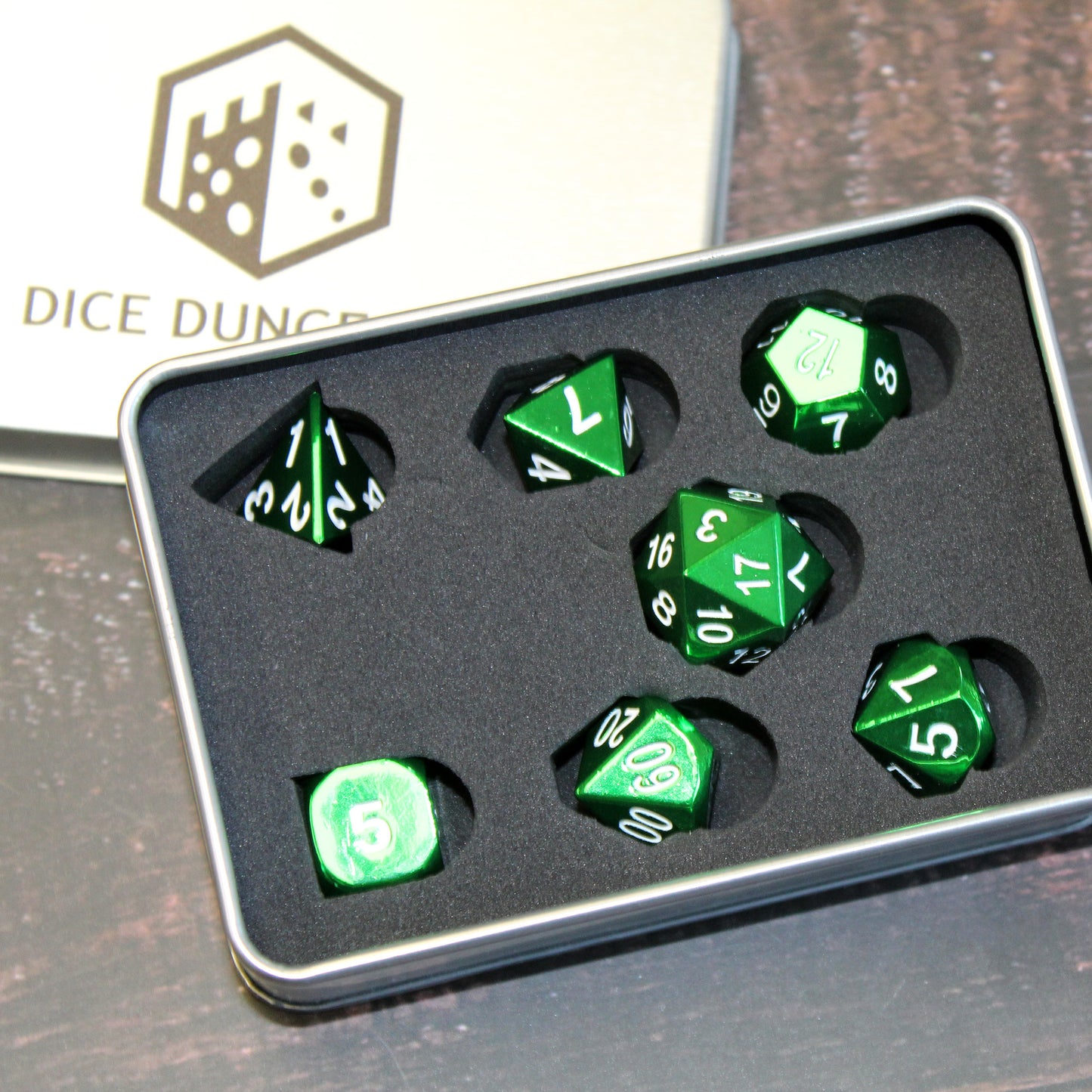 Metal Radiant Green Dice Set with Display Box