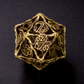 Close up of a Bronze Ranger D20 on a black surface. The dice is turned to the 20 side, showing the 20 has been replaced with the ranger logo - a sword with a paw print on its left and right side. 