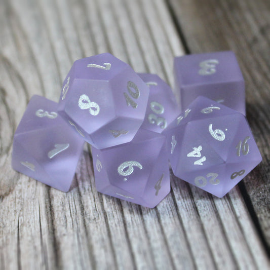 Royal Fortune Purple Sea Glass Dice Set on table