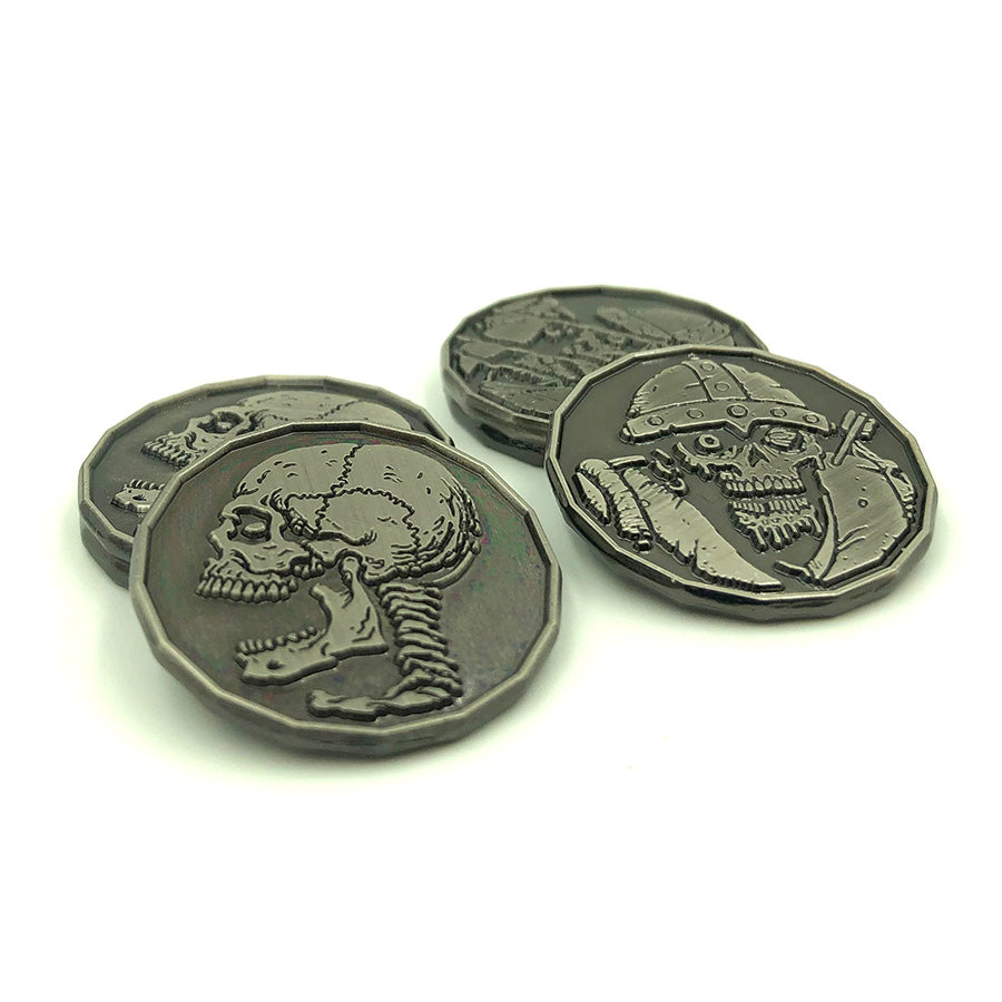 Close Up of Skeleton and Zombie Tokens on White Background
