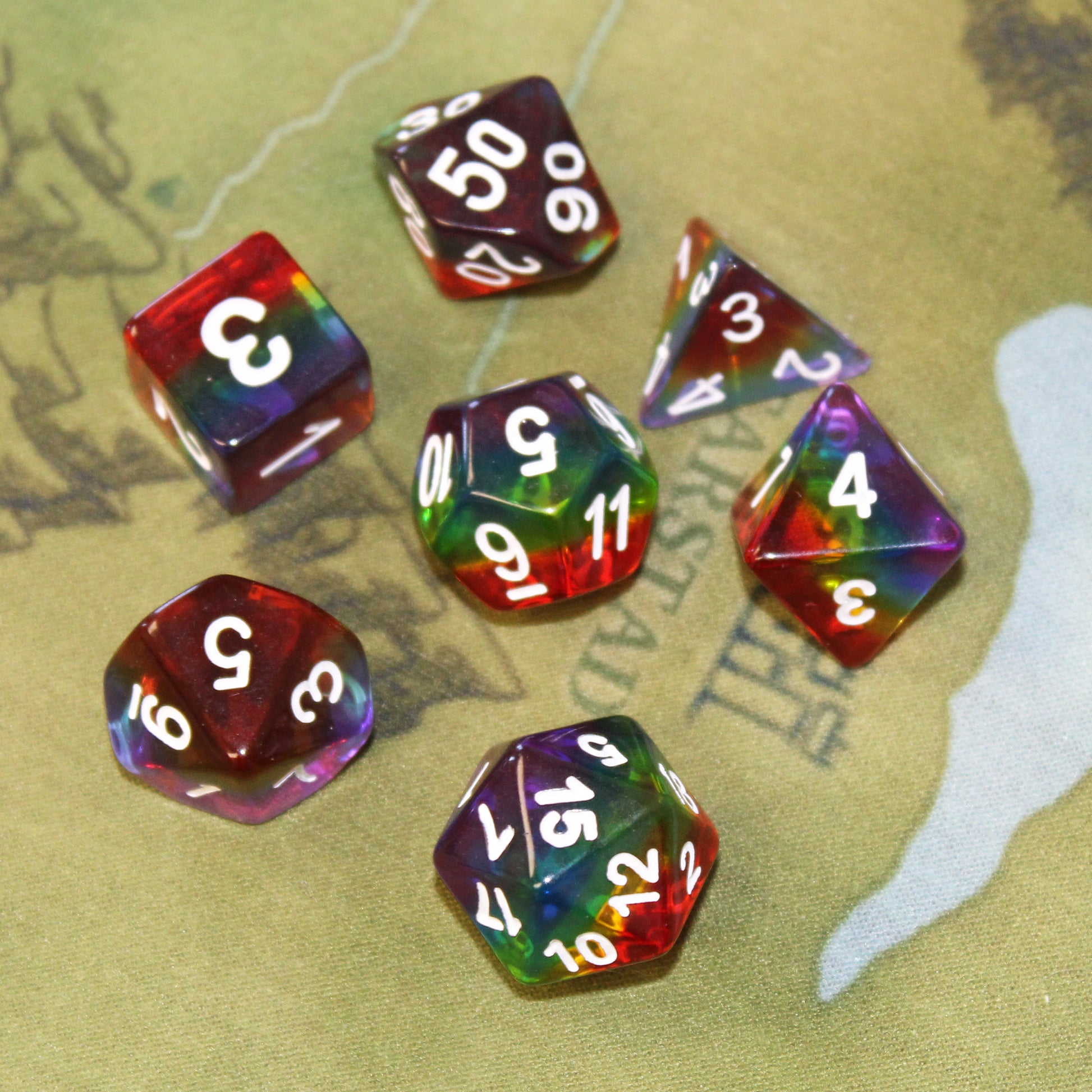rainbow of color in this layered dice set.